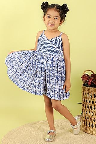 blue cotton hand block printed camisole dress for girls