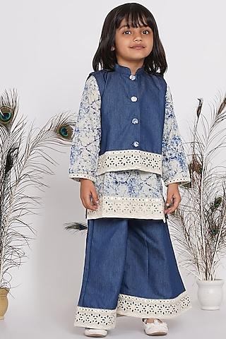 blue cotton kurta set with bundi jacket for girls
