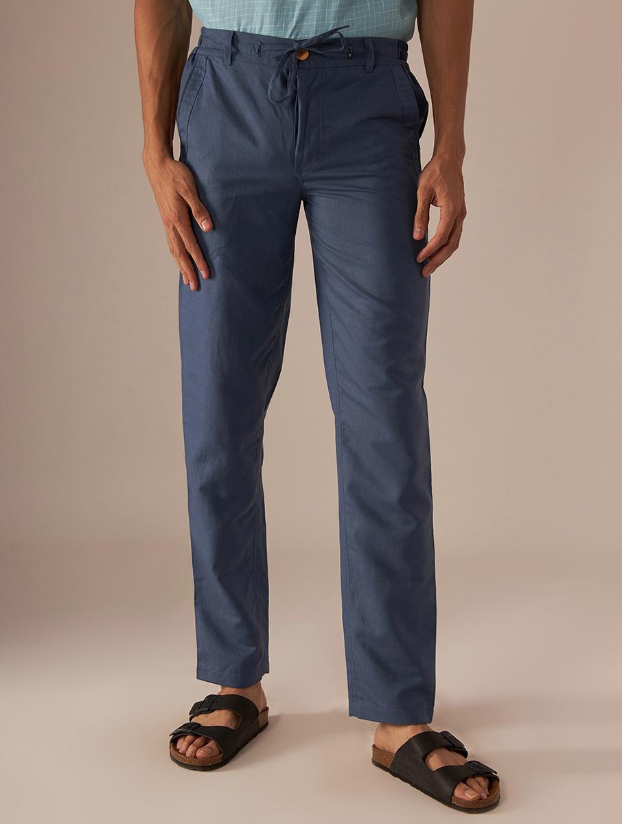 blue cotton linen pants
