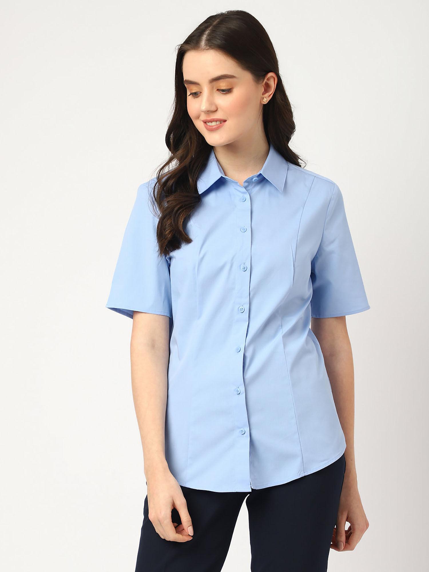 blue cotton mix plain spread collar regular shirt