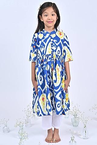 blue cotton paisley ikat printed kurta set for girls