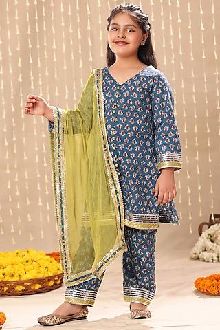 blue cotton printed & gota embroidered kurta set for girls