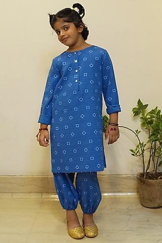 blue cotton printed kurta set for girls