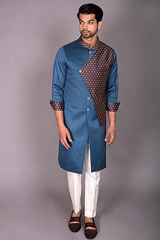 blue cotton satin & chanderi silk printed jacket kurta set