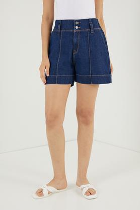 blue cotton shorts for women with white piping - indigo