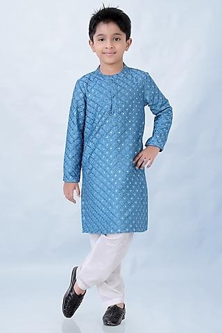 blue cotton silk mirror embroidered kurta set
