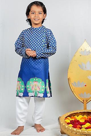 blue crepe embroidered kurta set for boys