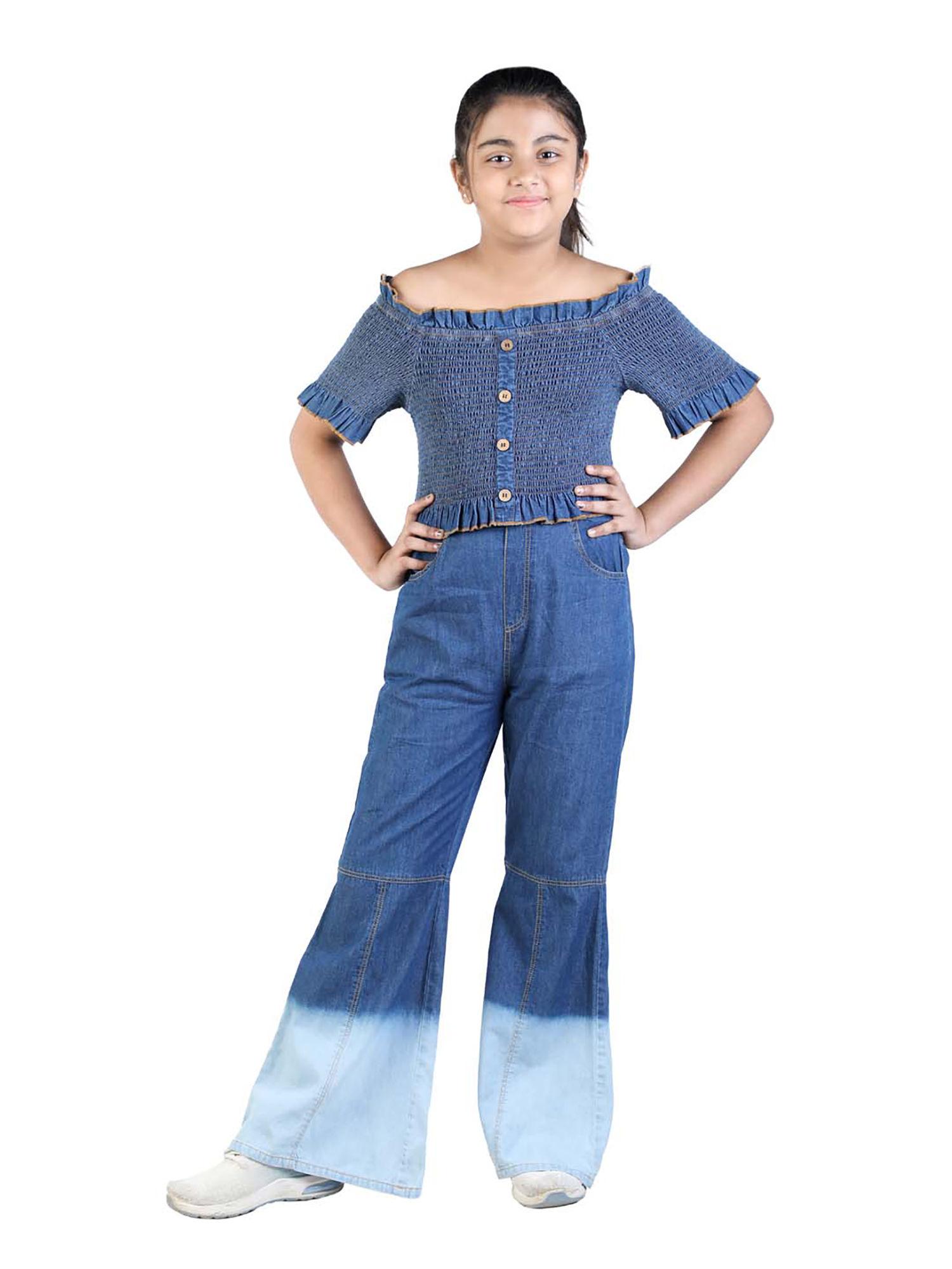 blue denim girls ombre effect top and pant (set of 2)