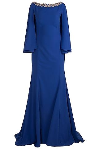 blue embroidered fishtail gown with attached cape