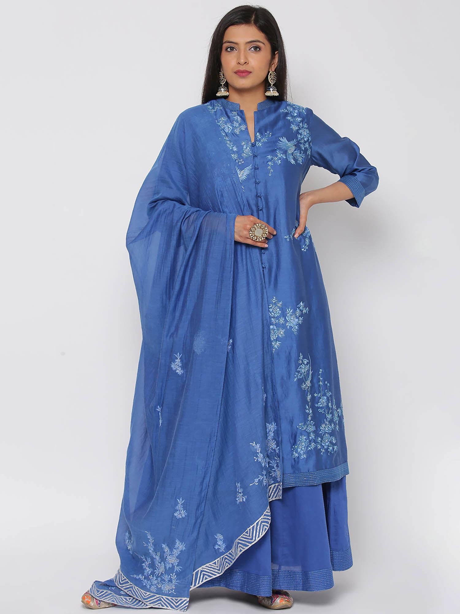 blue embroidered kurta and skirt with dupatta (set of 3)