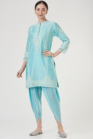 blue embroidered kurta set for girls