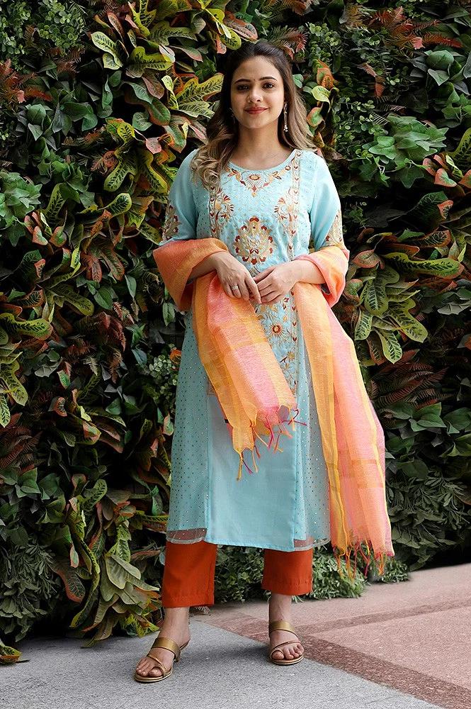 blue embroidered kurta with orange trousers and dupatta