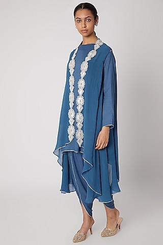 blue embroidered modal shirt with dhoti pants & cape