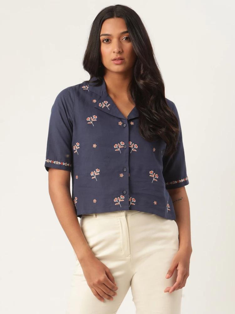 blue embroidered notched lapel top