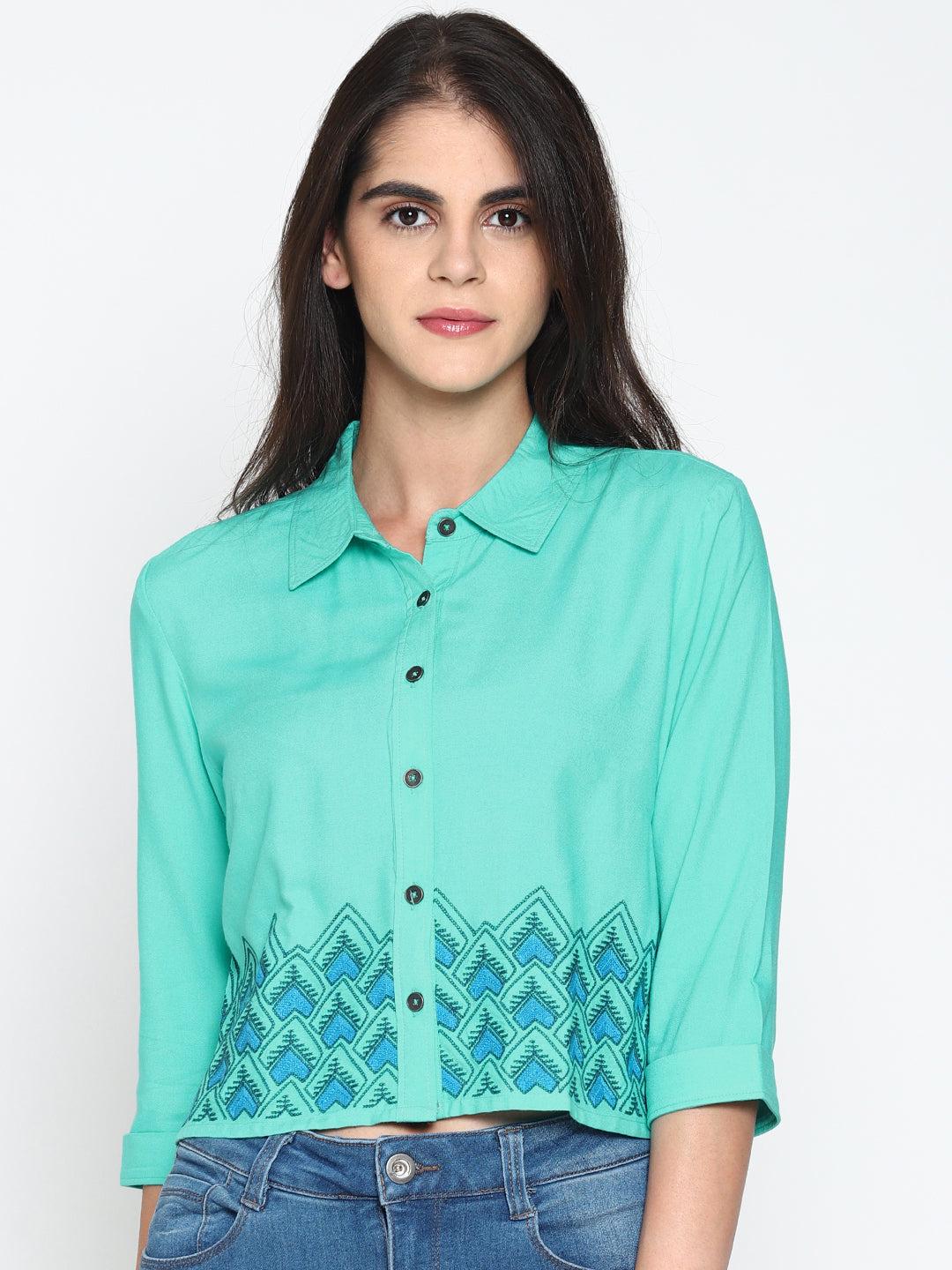 blue embroidered shirt