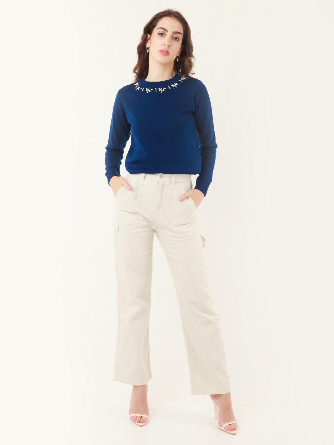 blue embroidered sweater for women