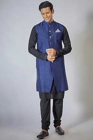 blue flat raw silk digital printed sleeveless sherwani