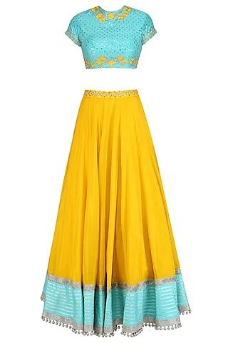 blue floral embroidered blouse and yellow lehenga skirt set