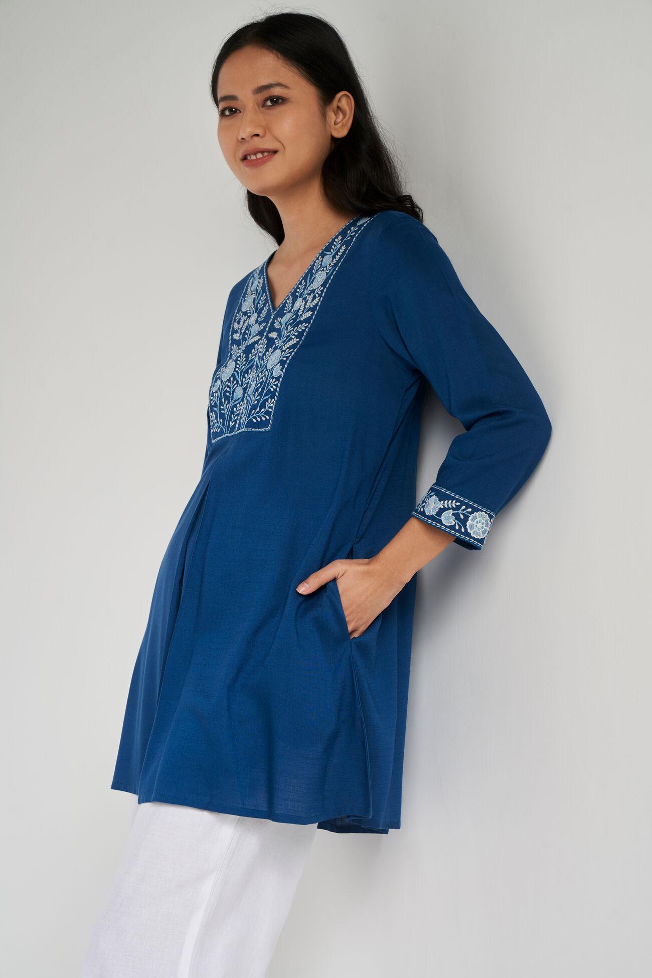 blue floral flared tunic