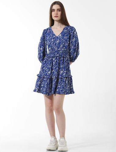 blue-floral-print-short-dress