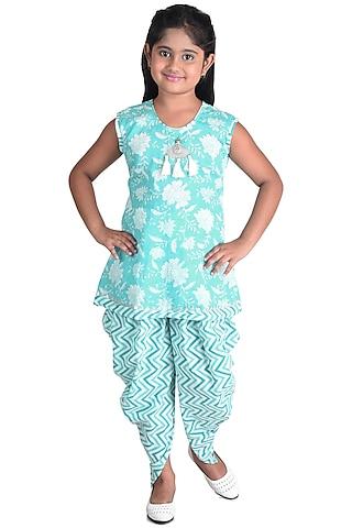 blue floral printed kurta set for girls