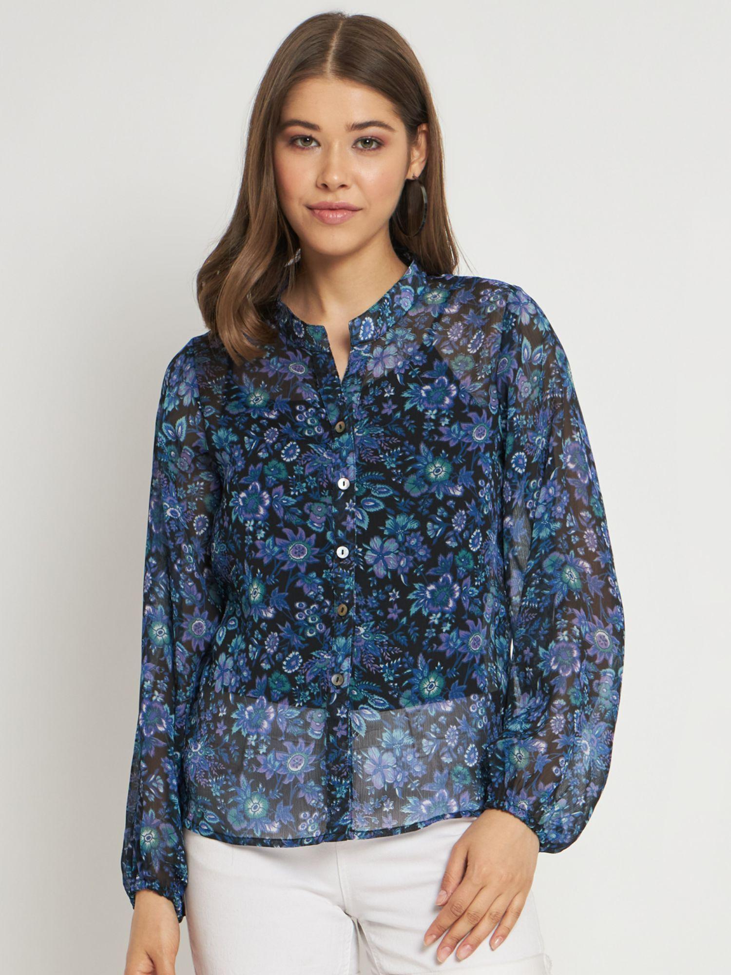 blue floral printed semi sheer casual shirt