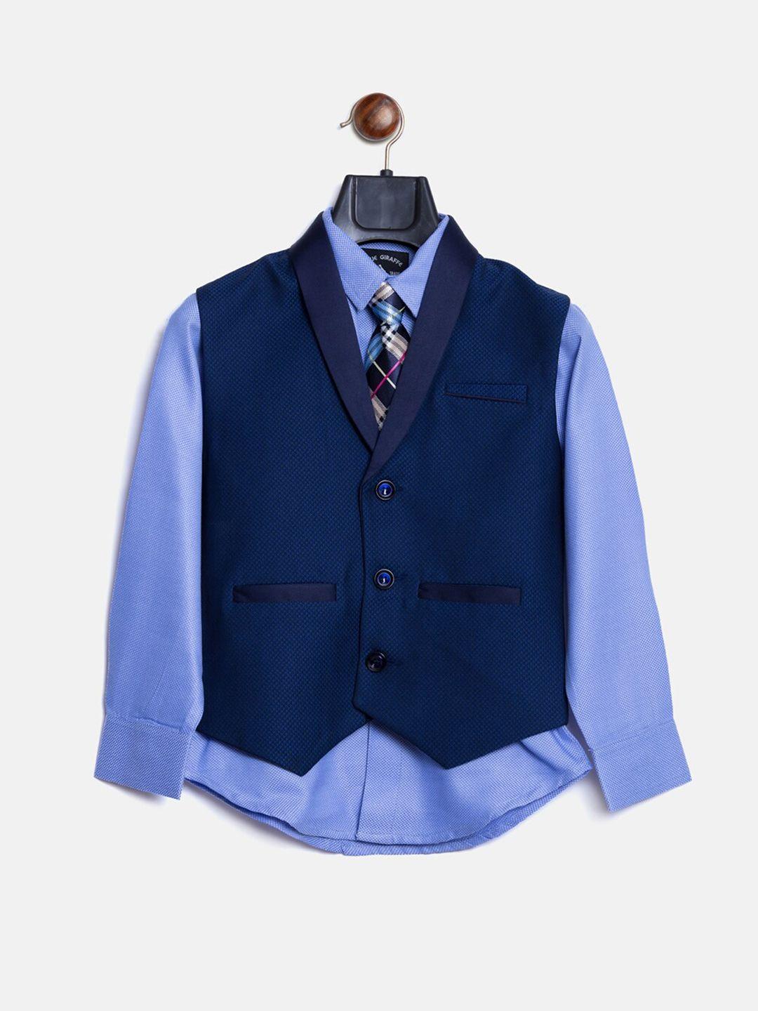 blue giraffe boys blue solid shirt with waistcoat and tie