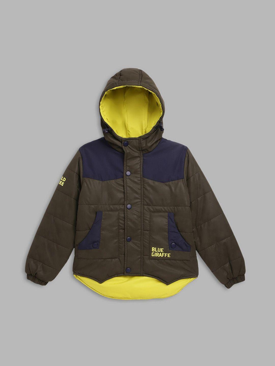 blue giraffe boys olive green after dark colourblocked crop padded jacket with patchwork