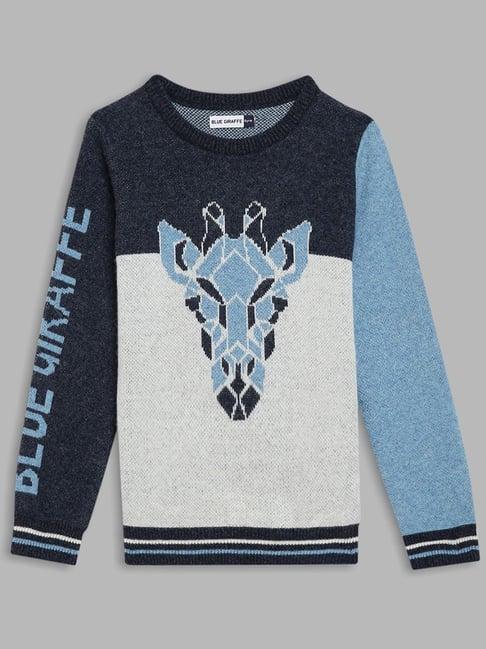 blue giraffe kids grey & blue cotton color block full sleeves sweater