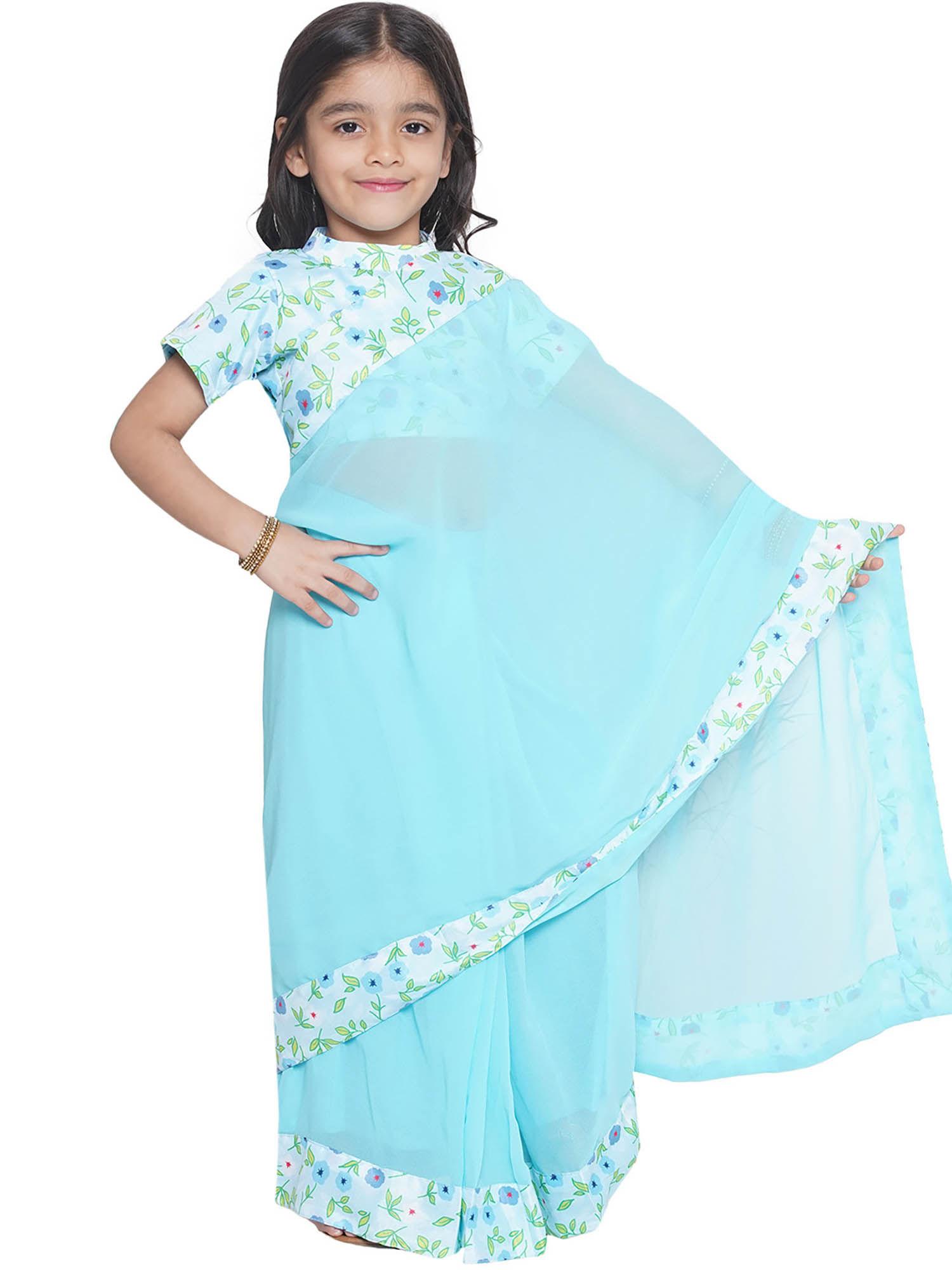 blue girls chinese floral print saree with stitched blouse