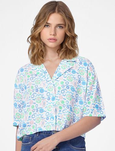 blue graphic print cropped shirt