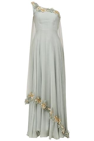 blue grey rosette embroidered one shoulder gown