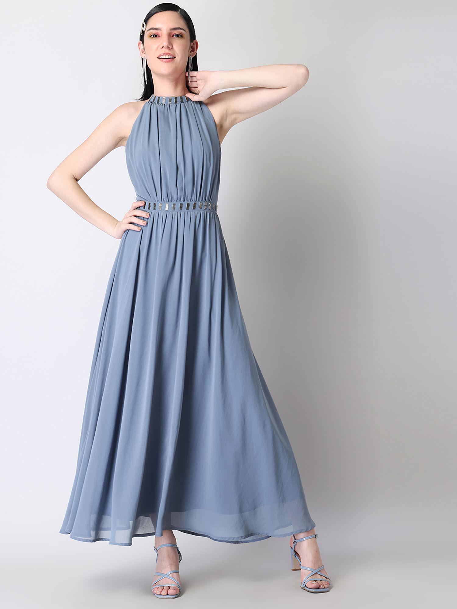 blue halter neck embellished maxi dress