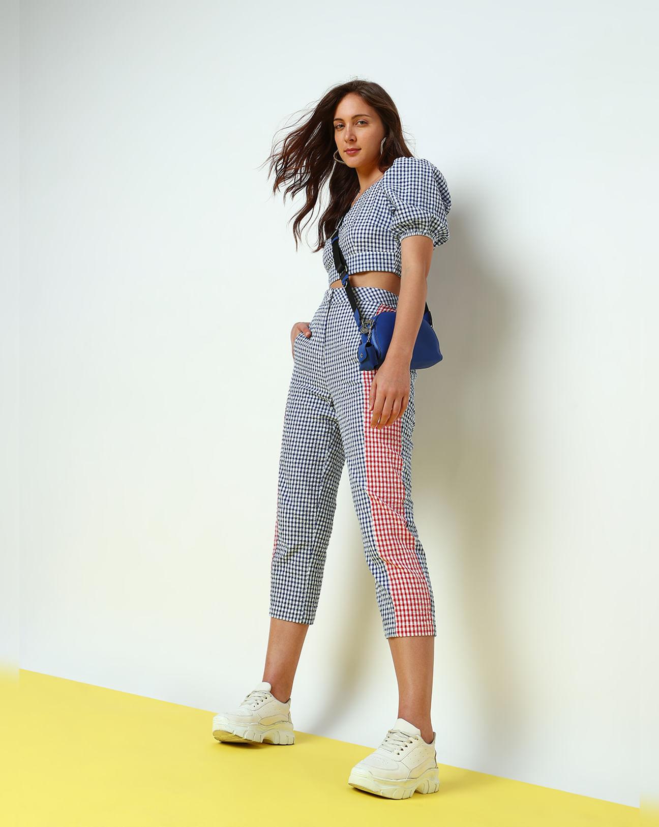 blue high rise check straight fit pants