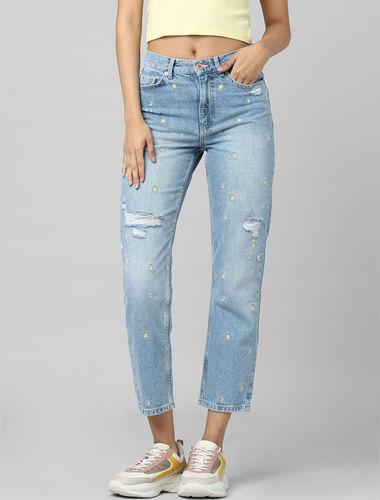 blue high rise embroidered straight fit jeans