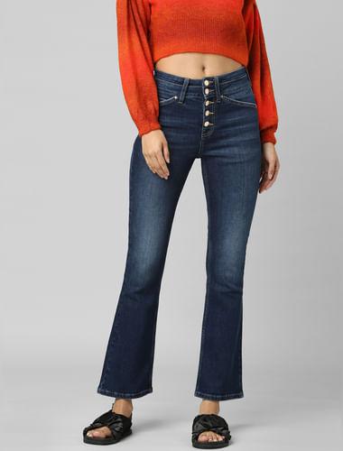 blue high rise flared jeans