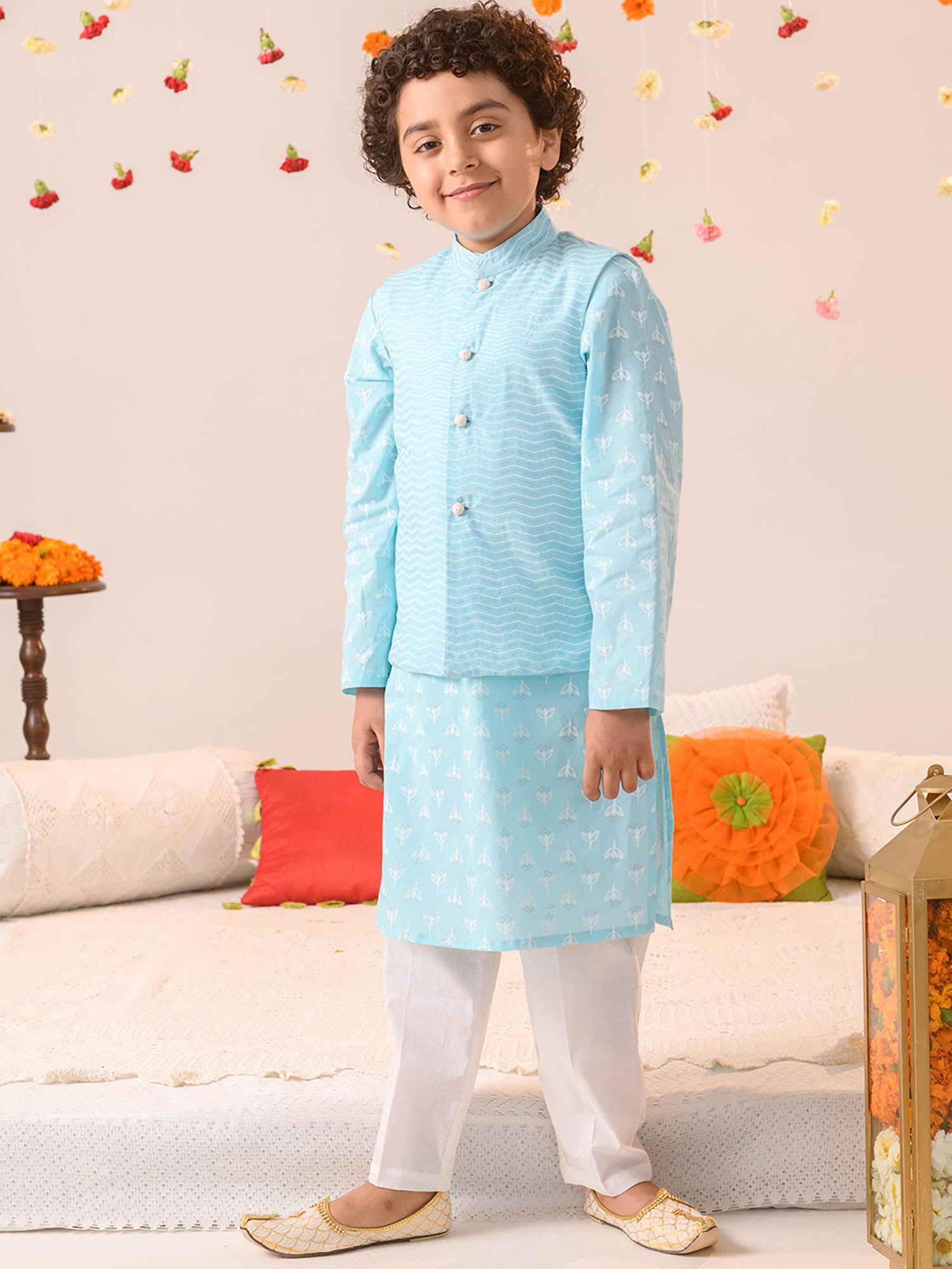 blue khadi kurta pyjama with jacket (set of 3)