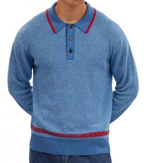 blue knit long sleeve polo
