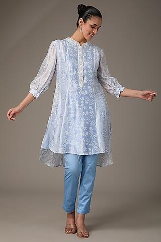 blue kora silk block printed & hand embroidered tunic set