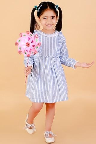 blue lace embroidered striped dress for girls