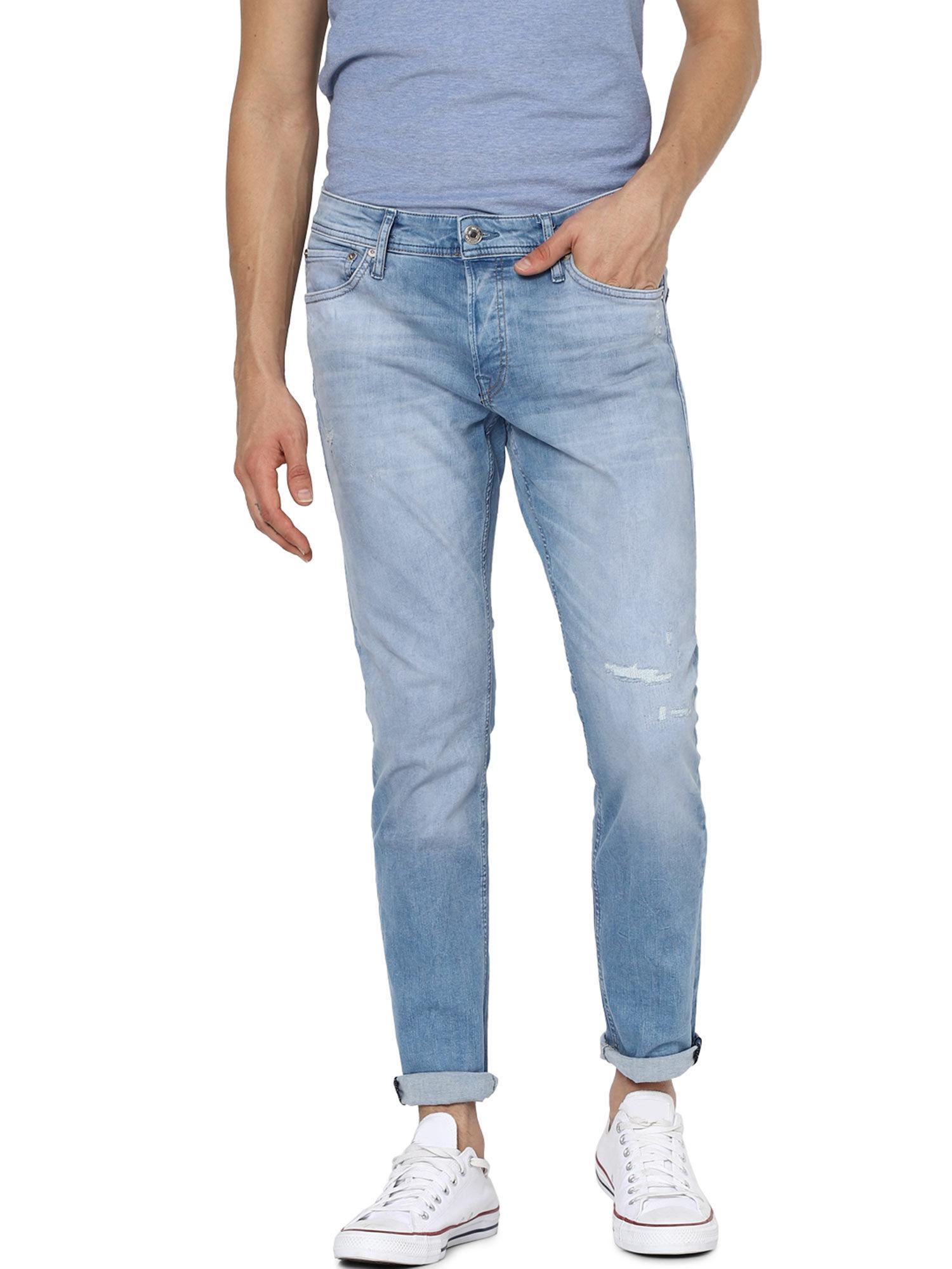 blue low rise organic cotton torn slim fit jeans