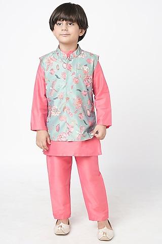 blue lurex muslin digital printed nehru jacket set for boys