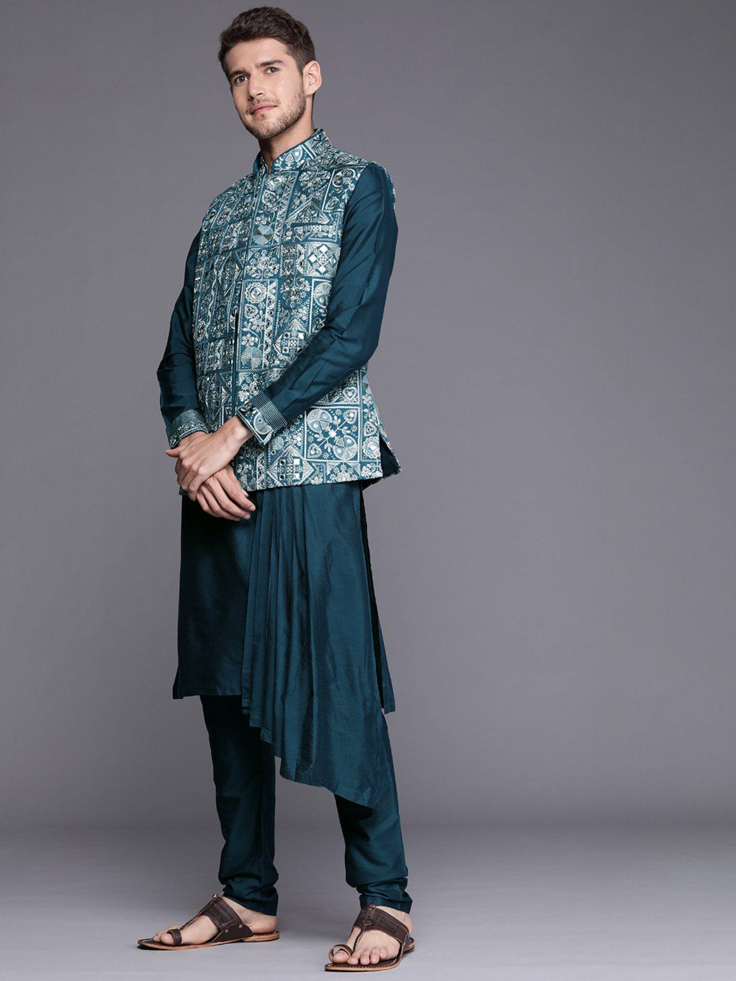 blue mandarin collar kurta jacket pyjama (set of 3)