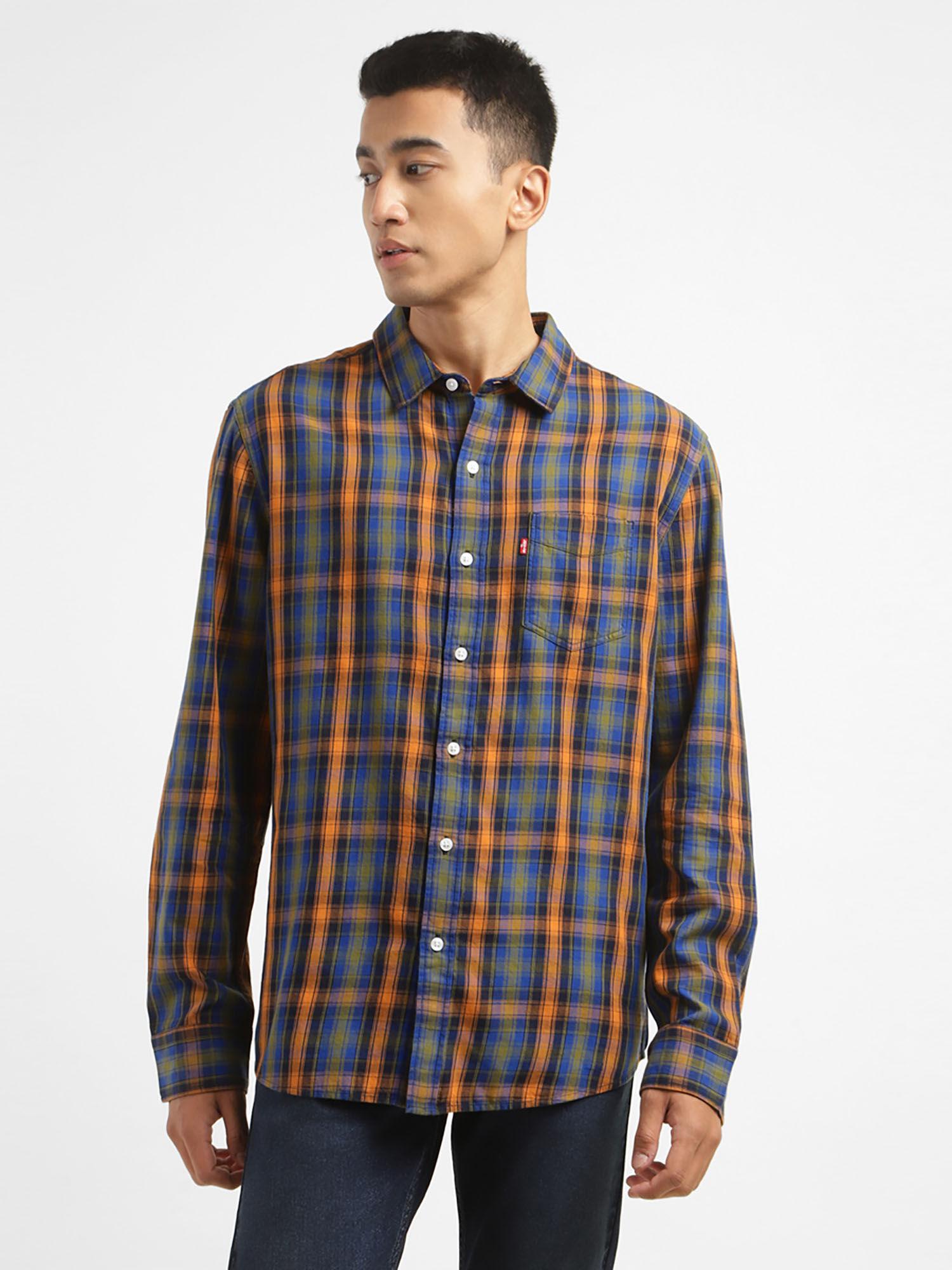 blue men's checkered slim fit shirt