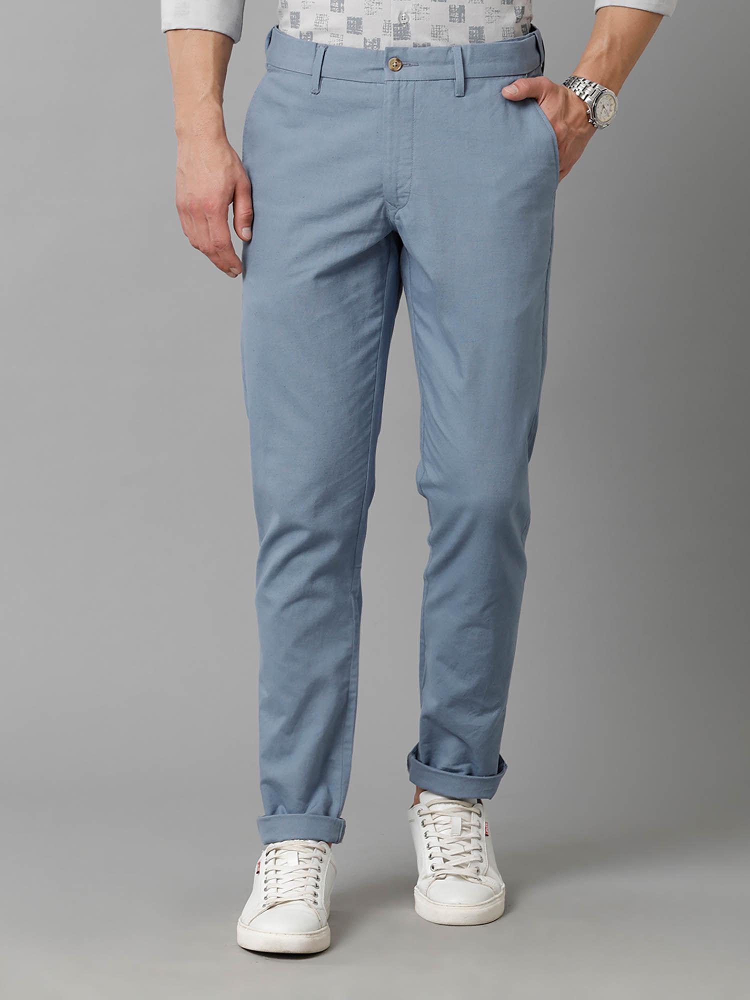 blue mens slim fit flexi waist casual trousers