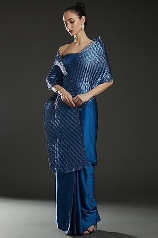blue metallic cords handwoven saree set