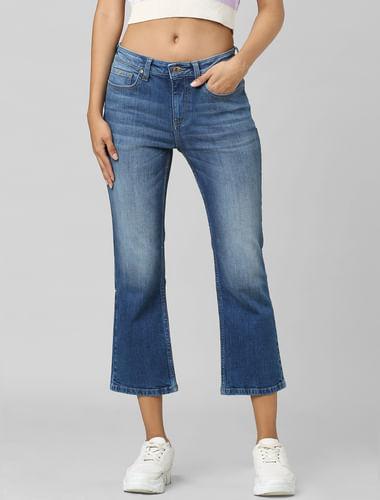 blue mid rise flared jeans