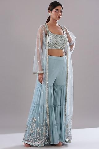 blue net embroidered cape set