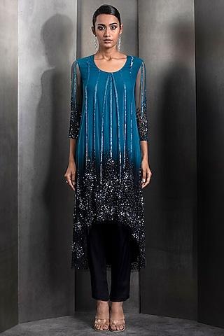 blue ombre tulle sequins & bead embellished kurta set