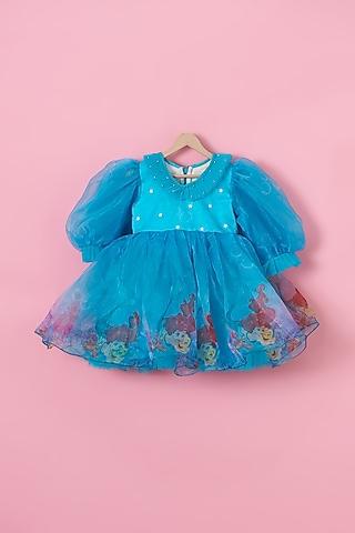 blue organza & net mermaid printed dress for girls